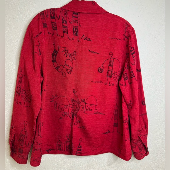 Chico’s Design Blouse Silk Linen Blend Printed Button-Up Red Size 2 - Picture 5 of 14